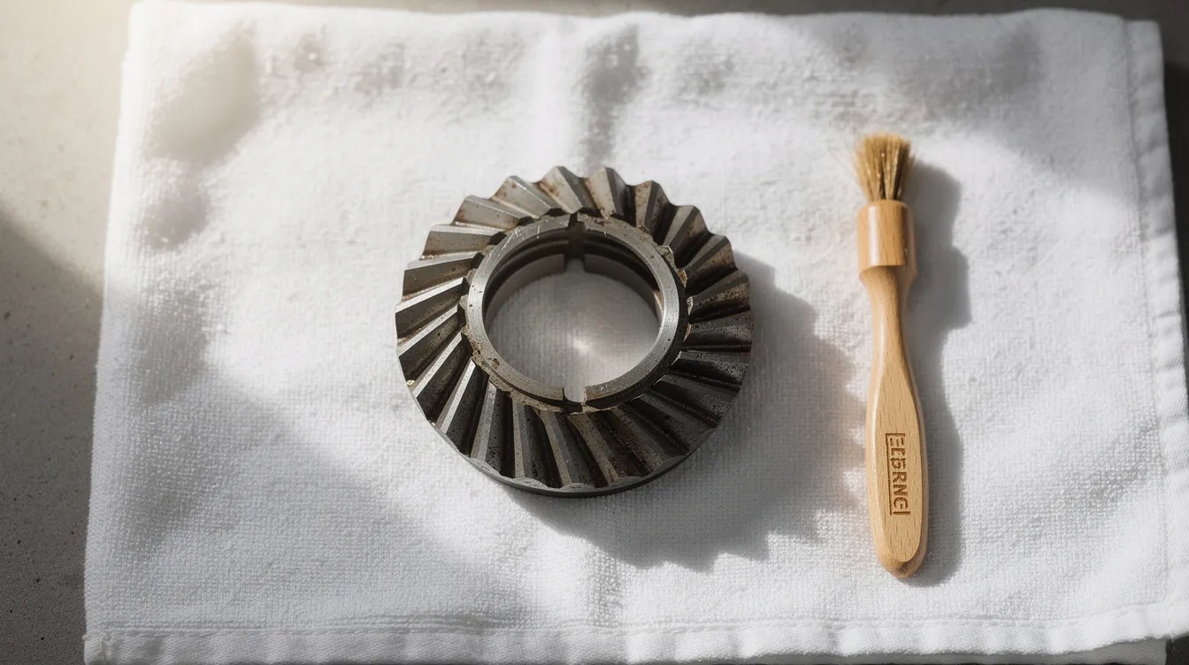 The image shows disassembled coffee grinder burrs resting on a clean towel, accompanied by a small brush, highlighting the components used in maintaining a quality burr grinder for optimal grind consistency. This setup is essential for coffee lovers aiming for the best coffee grinder performance, whether for espresso or drip coffee brewing methods.
