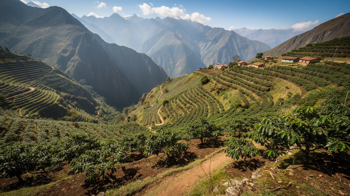 The image features terraced coffee plants thriving on steep Andean hillsides, basking in bright sunlight. These Colombian coffee plants, known for producing the best Colombian coffee beans, showcase the perfect growing conditions found in high altitudes and rich volcanic soil.