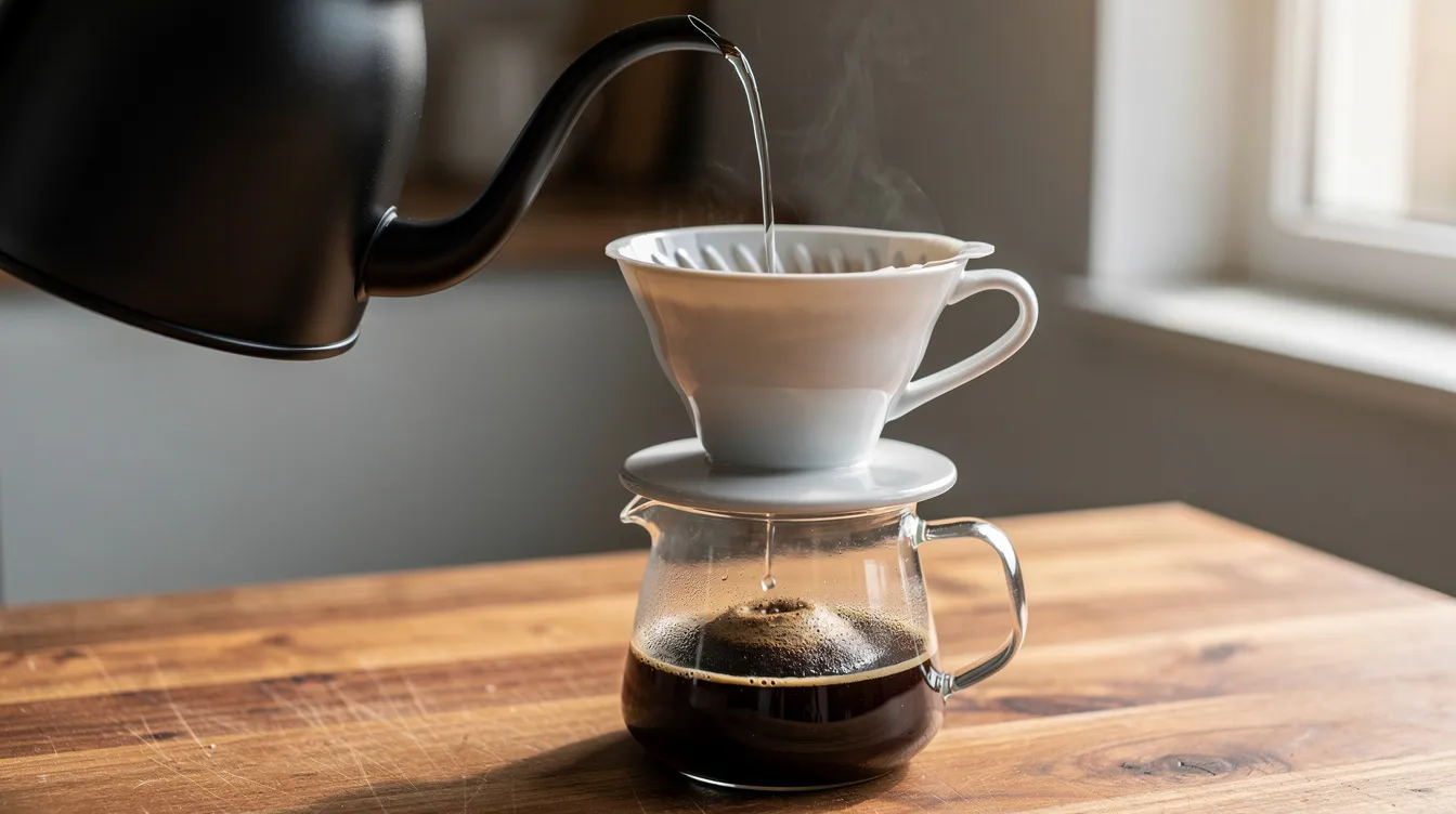 A sleek gooseneck kettle is pouring a steady stream of water over a ceramic pour over coffee dripper, positioned on a warm wooden countertop, perfect for brewing coffee with precision. The gooseneck spout allows for controlled pouring, ensuring all the coffee grounds are evenly saturated for optimal flavor extraction.