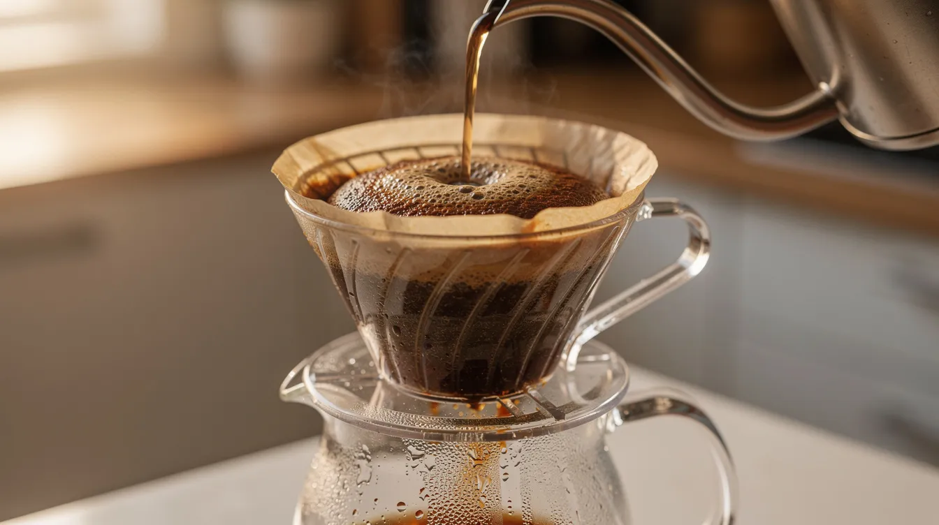 The image depicts a pour-over coffee dripper with hot water cascading over freshly ground coffee beans, capturing the essence of crafting a morning cup of exceptional coffee. This process highlights the beauty of specialty coffee, inviting coffee lovers to experience the rich flavors and aroma of freshly roasted beans.