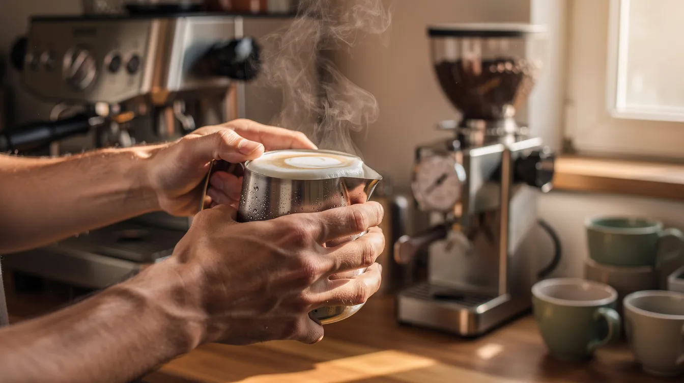 A barista's hands expertly hold a steam pitcher, texturing milk to create frothy foam in front of a well-equipped home espresso setup featuring an espresso machine. The scene captures the art of crafting milk-based drinks, perfect for latte lovers and home barista enthusiasts.