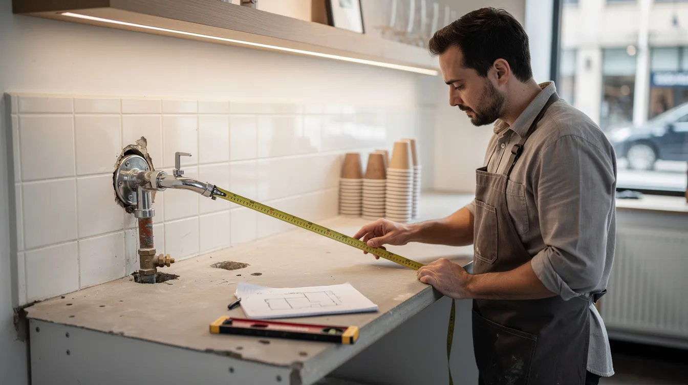 A cafe manager is carefully measuring the counter space next to a plumbed water line connection point, ensuring the efficient setup for a commercial coffee maker. This preparation is essential for serving popular beverages like cold brew coffee to customers in hospitality businesses.
