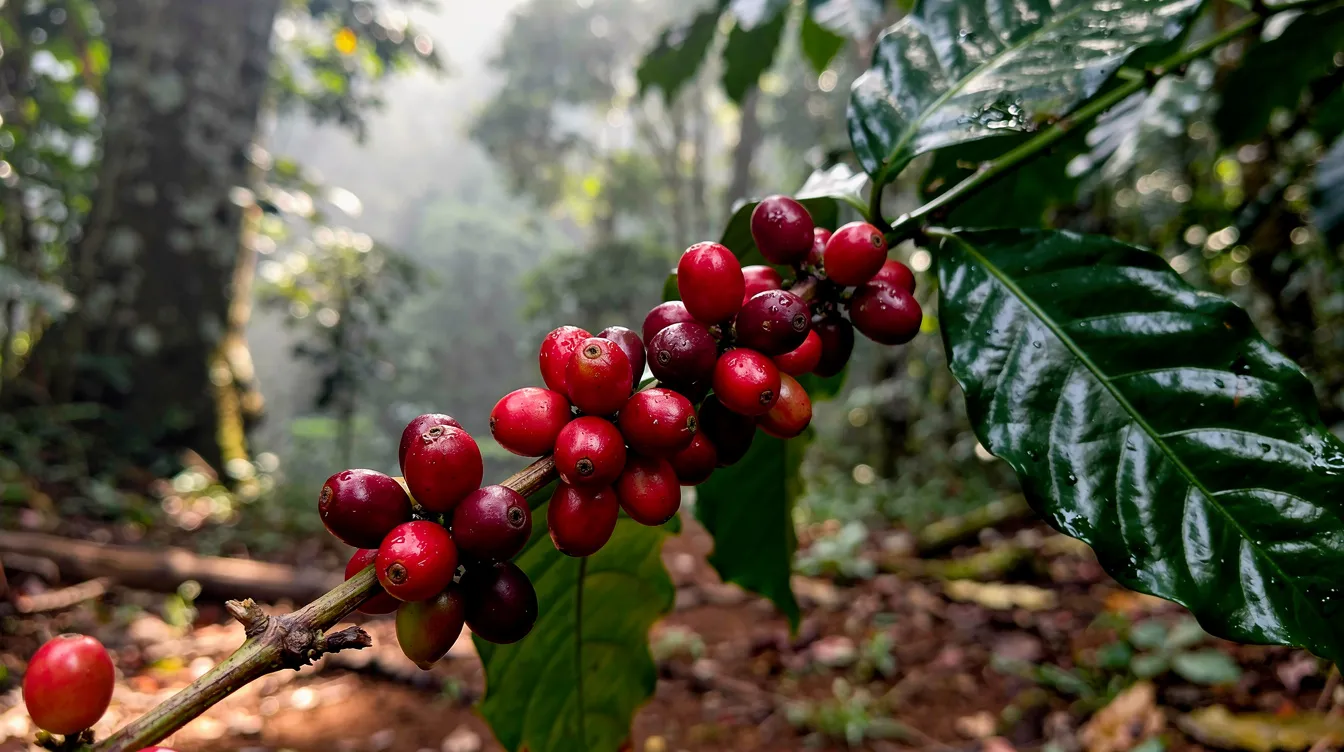 The image showcases a branch adorned with ripe red coffee cherries nestled within a lush highland forest, highlighting the natural beauty of coffee cultivation. This vibrant scene reflects the rich history and origins of coffee, illustrating the journey from coffee plants to the specialty coffee enjoyed in coffee houses today.