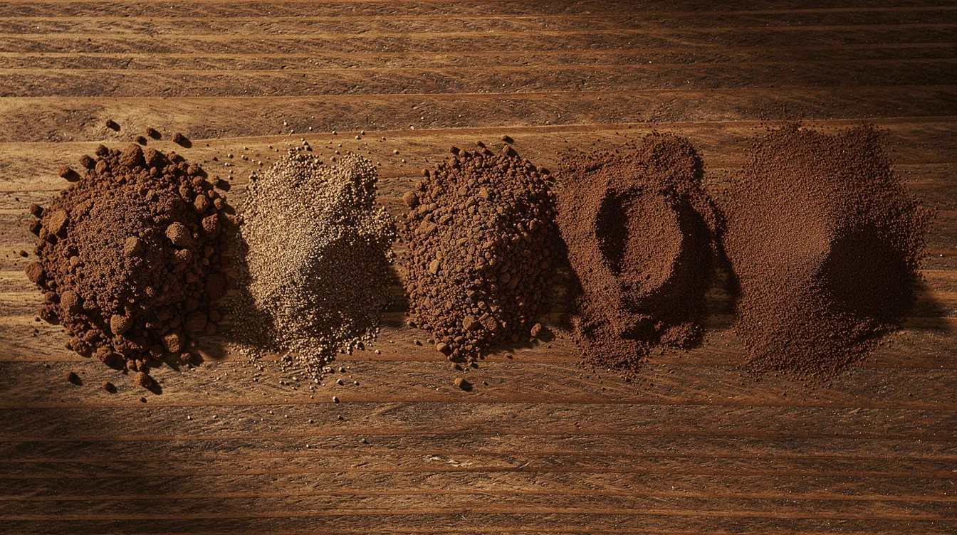 The image displays a variety of coffee ground textures arranged on a wooden surface, showcasing different grind sizes from coarse to fine, which are essential for various coffee brewing methods like French press, drip coffee, and espresso. This visual guide highlights how grind size impacts the brewing process and the flavor of the final cup.