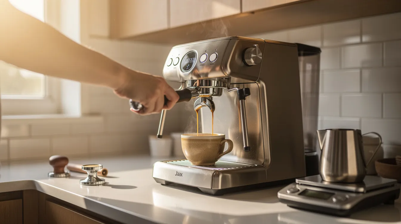 A person is pulling a double espresso shot on a home espresso machine, illuminated by soft morning light in a cozy kitchen. The scene captures the essence of espresso brewing, showcasing the espresso maker's features like the steam wand and built-in grinder, emphasizing the art of making great espresso at home.