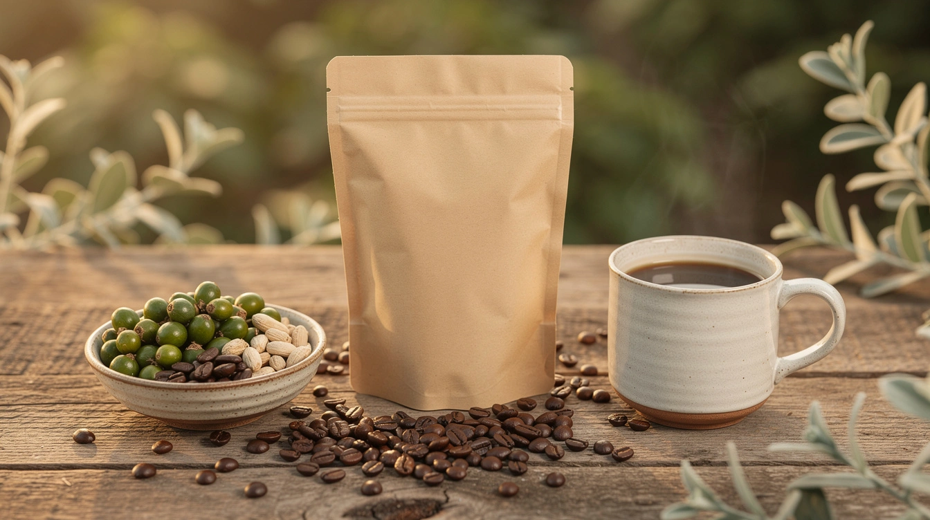 Fair trade coffee still life: an unlabeled bag of roasted beans, a mug of coffee, and green coffee cherries on a rustic wooden table.