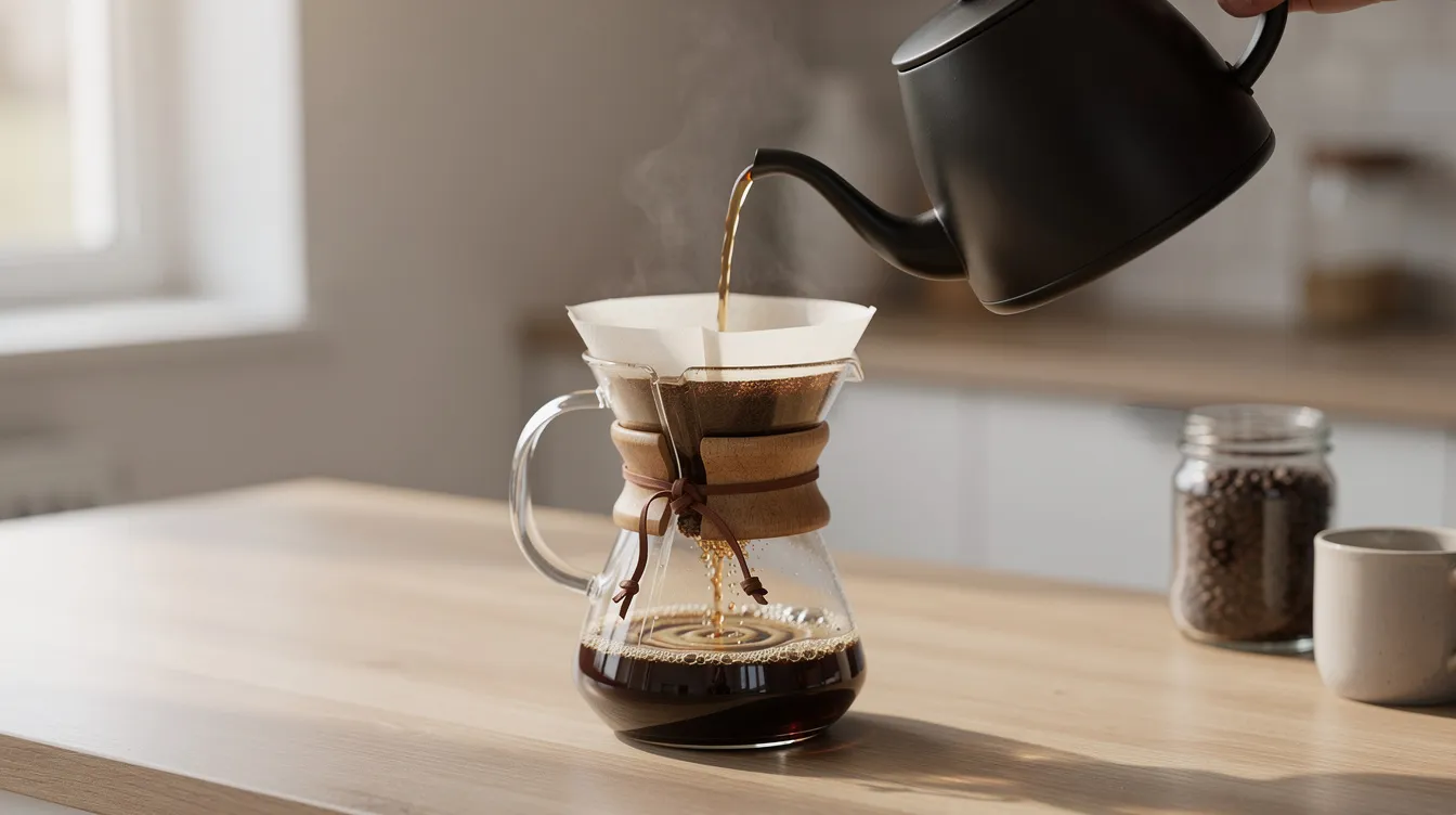 A gooseneck kettle is gracefully pouring water in a slow spiral into a Chemex brewer, which sits on a kitchen counter, ready for brewing a delicious pour-over coffee. This scene highlights the art of coffee brewing, appealing to coffee enthusiasts who appreciate the importance of grind consistency and quality in their favorite brewing methods.