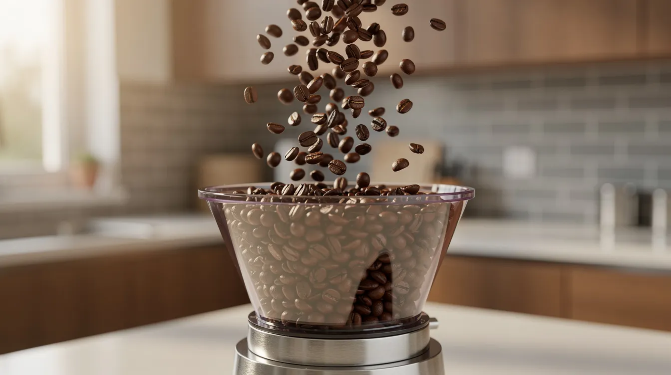 The image shows whole coffee beans cascading into the hopper of a conical burr grinder positioned on a kitchen counter, highlighting the essential coffee gear for brewing delicious coffee. This setup is perfect for coffee drinkers looking to achieve the best tasting coffee by controlling the grind size for their preferred brewing method.