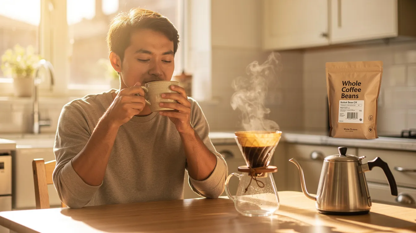 A person is sitting at a sunlit kitchen table, savoring a cup of coffee brewed using the pour-over method, with a single dripper and a bag of whole coffee beans visible in the background, highlighting the coffee brewing process. The warm atmosphere suggests a cozy moment of enjoying good coffee at home.