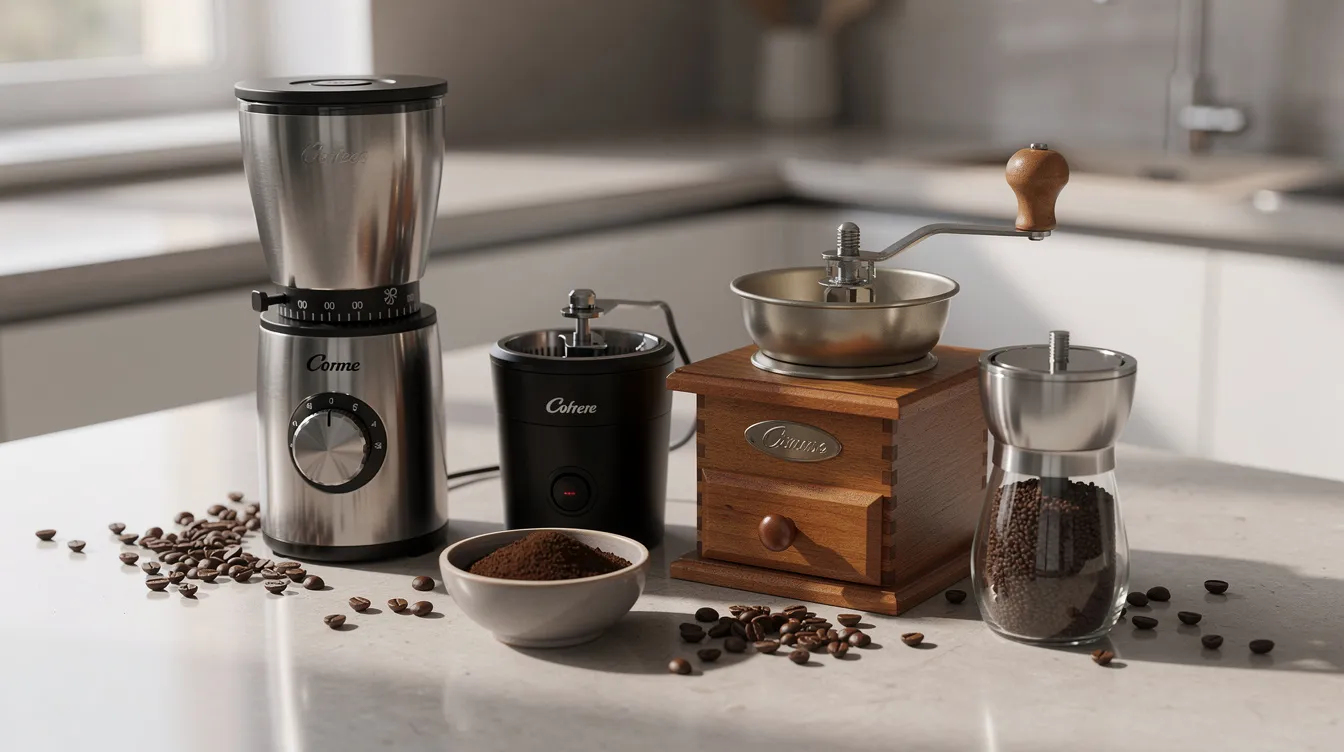 A close-up view of various coffee grinders on a kitchen countertop, showcasing different sizes and styles, including electric burr grinders, manual coffee grinders, and blade grinders. The arrangement highlights the diversity in design and function, ideal for coffee enthusiasts seeking the best coffee grinder for their brewing methods.