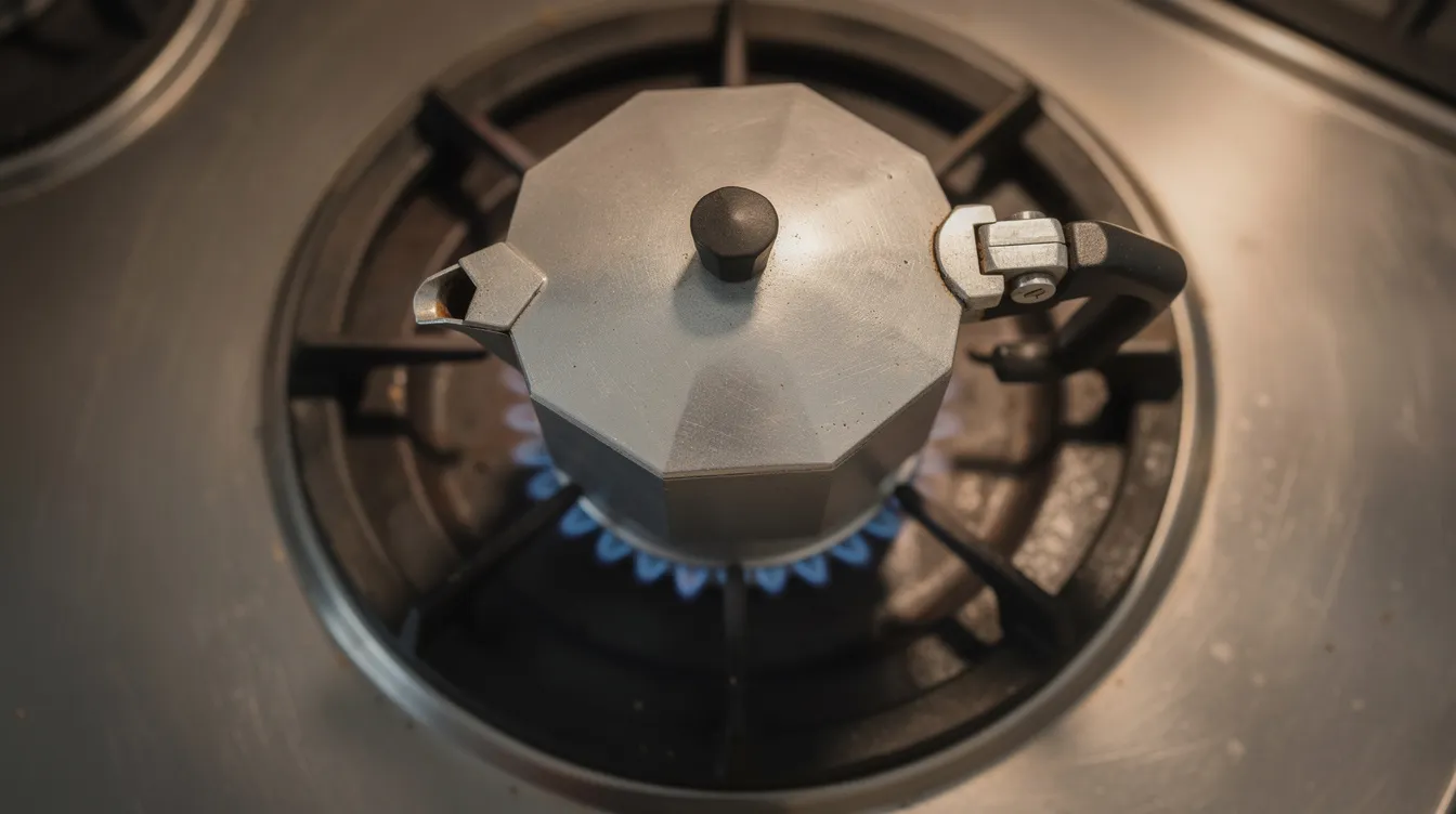 A close-up overhead view of a classic octagonal moka pot sits on a gas burner, with a small blue flame visible beneath it, ready for brewing coffee. The moka pot is designed to extract rich flavors from ground coffee, making it a popular choice for those who enjoy a delicious cup of espresso.