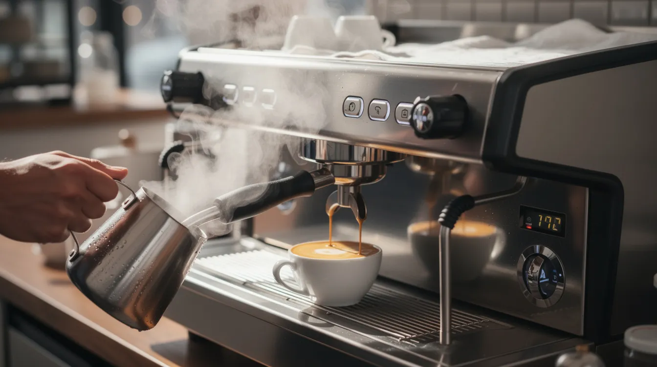 A barista skillfully pulls an espresso shot on a large three-group commercial espresso machine, with steam rising from a milk pitcher, showcasing the precision and passion involved in crafting coffee beverages in a bustling coffee shop. The scene highlights the expert support and equipment essential for delivering consistent quality to customers.