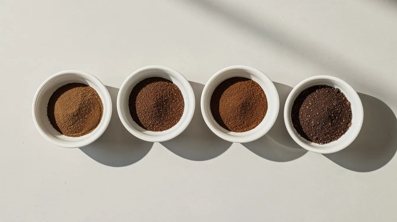 An overhead view showcases five small white bowls filled with varying coffee grounds, from fine espresso suitable for an espresso machine to coarse grounds ideal for French press brewing. This visual representation highlights the importance of grind size and consistency for coffee lovers seeking the best coffee grinder for their brewing methods.