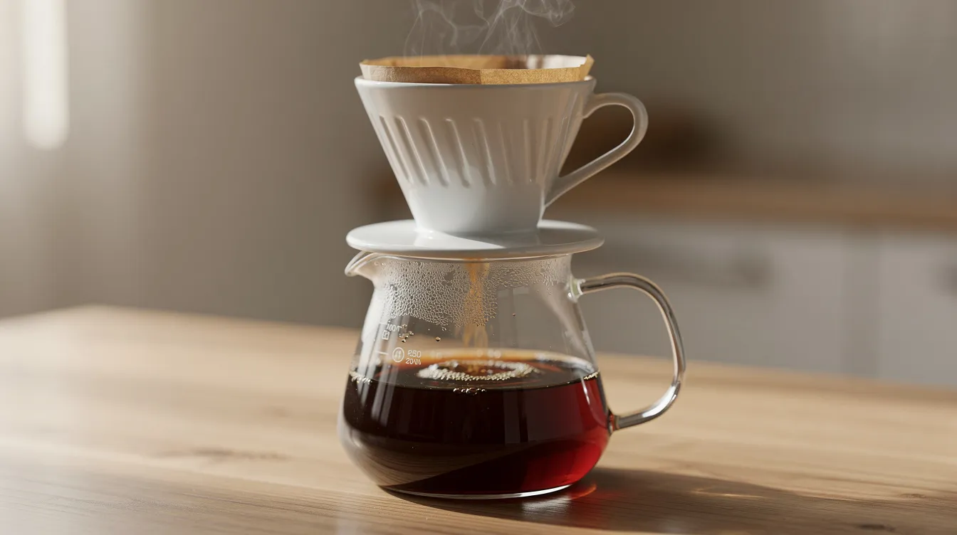 The image features a ceramic pour-over dripper placed on a glass carafe, with steam rising from a freshly brewed cup of coffee, highlighting the rich aroma of the beverage. This scene reflects the essence of specialty coffee, emphasizing the importance of ethical sourcing and sustainable farming methods in the coffee industry.