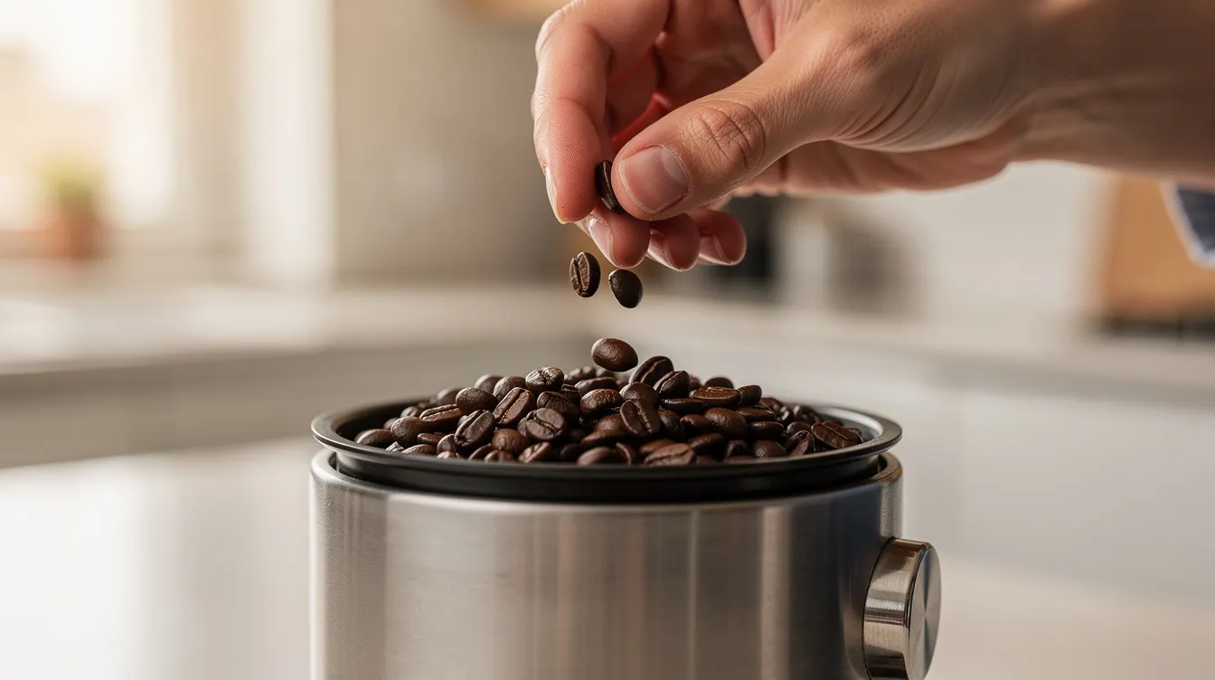 A close-up image shows a hand carefully placing whole coffee beans into a burr grinder on a kitchen counter, emphasizing the importance of grind size for brewing methods like pour over and drip coffee. This meticulous action is a key step in achieving the ideal coffee to water ratio for a flavorful cup of coffee.