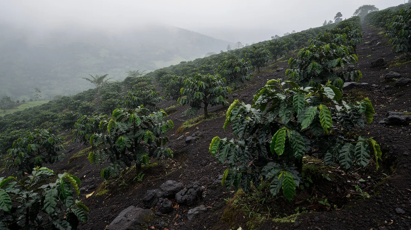 A misty green hillside showcases rows of coffee plants thriving on volcanic terrain, a perfect setting for cultivating the renowned Sumatra coffee beans. This picturesque landscape highlights the traditional coffee-growing practices in North Sumatra, where farmers nurture these plants to produce bold flavor profiles with earthy notes and a rich body.