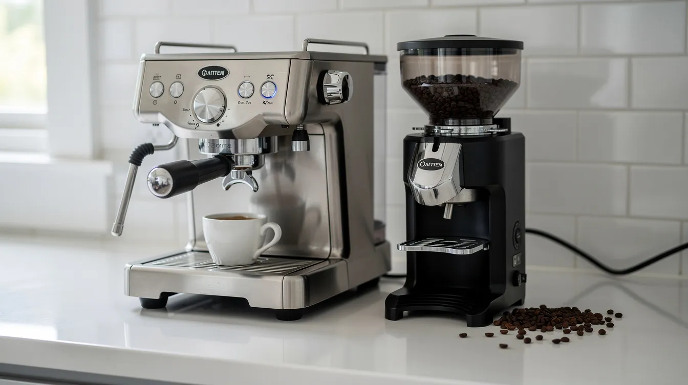 The image features a sleek espresso machine and a burr grinder arranged side by side on a pristine kitchen counter, perfect for coffee lovers looking to create espresso-based drinks like lattes or cappuccinos at home. The setup suggests an inviting atmosphere for brewing rich coffee flavors, ideal for making iced coffee or cold brew.
