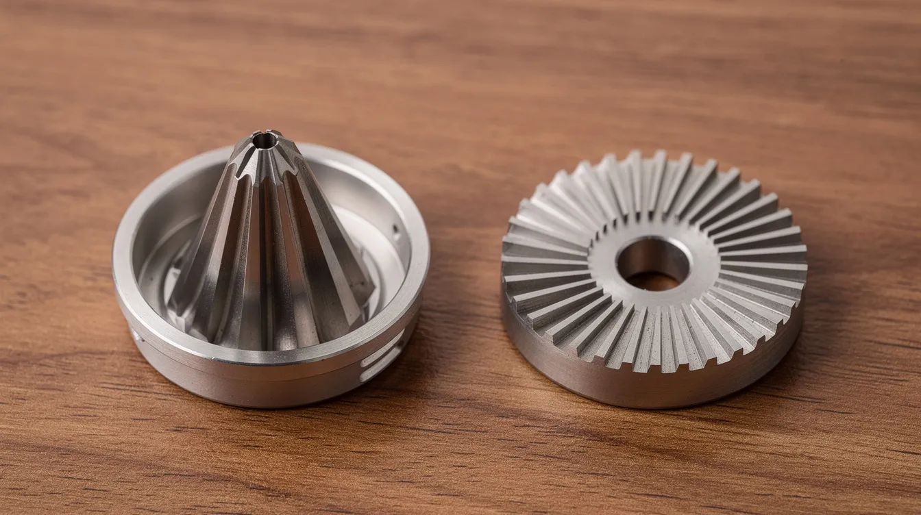 The image features two coffee grinder burr sets placed side by side on a wooden surface; one is a conical burr grinder while the other is a flat burr grinder. These grinders are essential tools for coffee drinkers, allowing them to grind coffee beans to achieve the desired grind size for various brewing methods like espresso and pour over coffee.