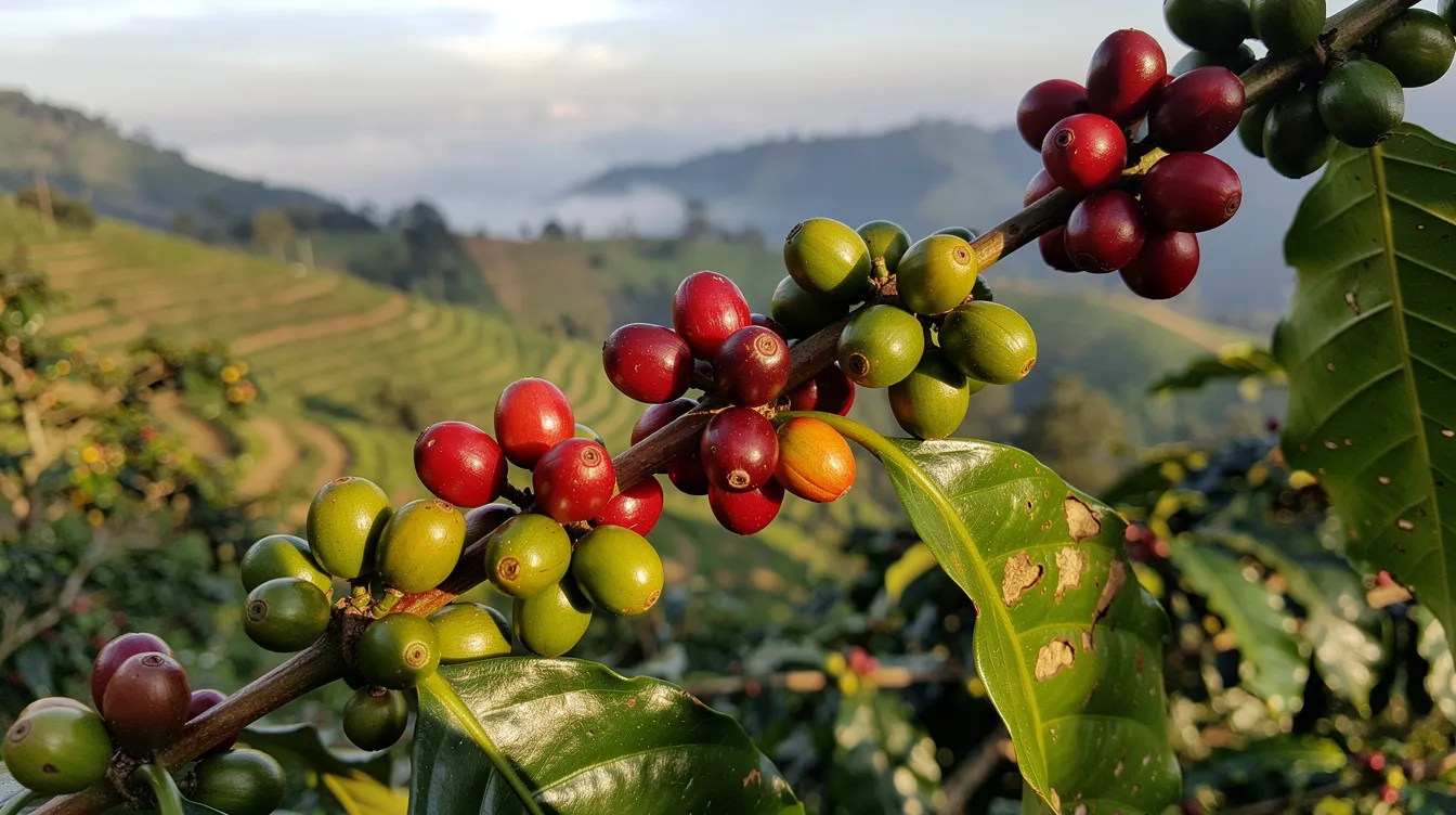 The image shows vibrant coffee cherries ripening on a branch in a high-altitude farm, with lush green hills in the background. These cherries are a crucial step in selecting the best coffee beans, as their ripeness affects the flavor profile of the final brew.