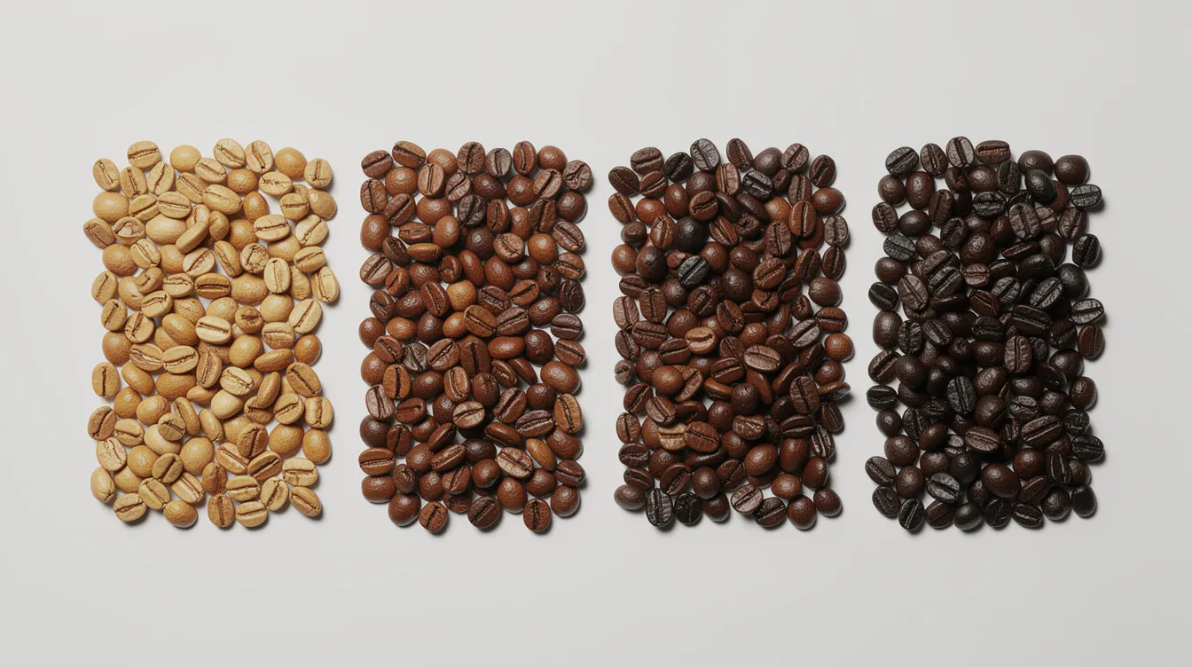 The image features coffee beans arranged in a row, showcasing four different roast levels from light golden to dark oily brown. This visual representation highlights the variety in roast profiles, with the dark roast coffee beans exhibiting a rich, bold flavor and deep chocolate notes, perfect for coffee enthusiasts seeking the best dark roast.