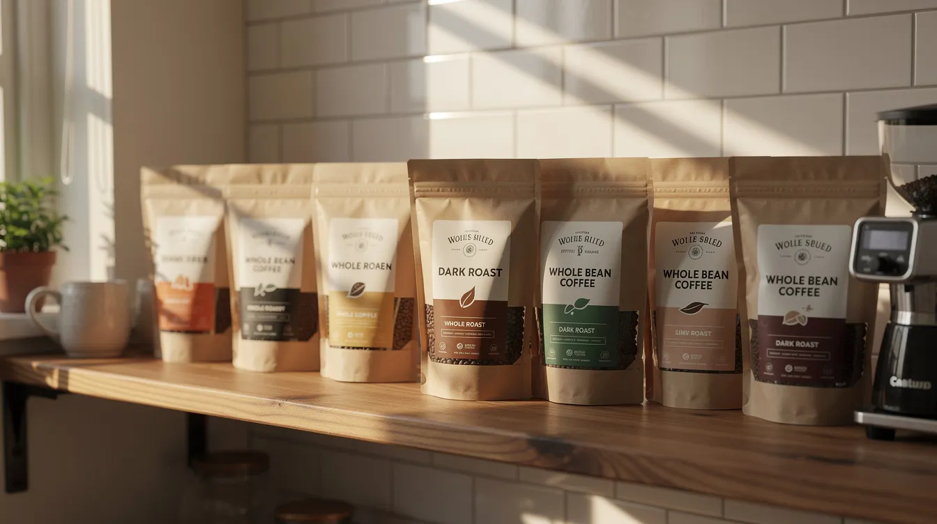 The image features a variety of whole bean coffee bags neatly arranged on a kitchen shelf, showcasing different roasts such as light roast, medium roast, and dark roast. Among the brands displayed, Lifeboost coffee stands out, known for its low acidity and high quality, appealing to health-conscious coffee lovers.