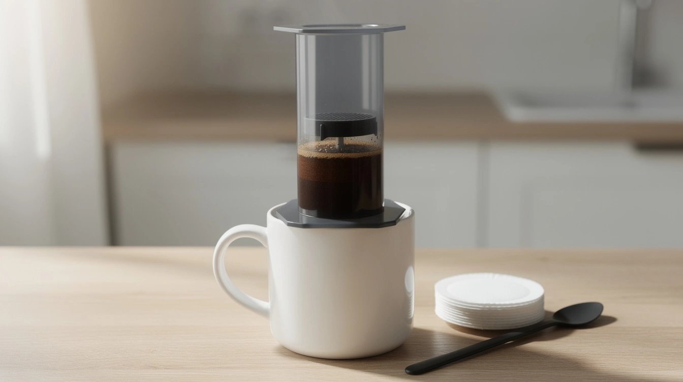 AeroPress-style coffee maker pressing coffee into a white mug beside round paper filters and a stirring paddle.
