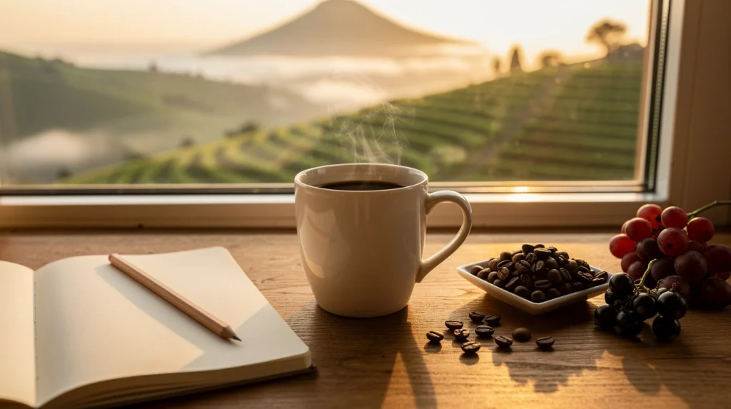 A steaming mug of black coffee on a wooden desk with an open sketchbook, coffee beans, and blackcurrants at a sunrise window overlooking highland farms, an inspired morning setting for Kenya coffee.