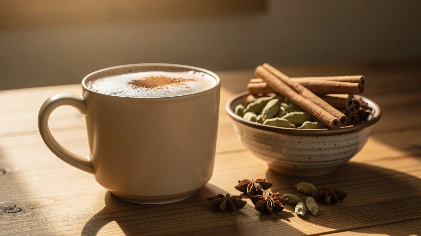 A mug of chai latte with cinnamon beside spice bowls on a wooden counter.