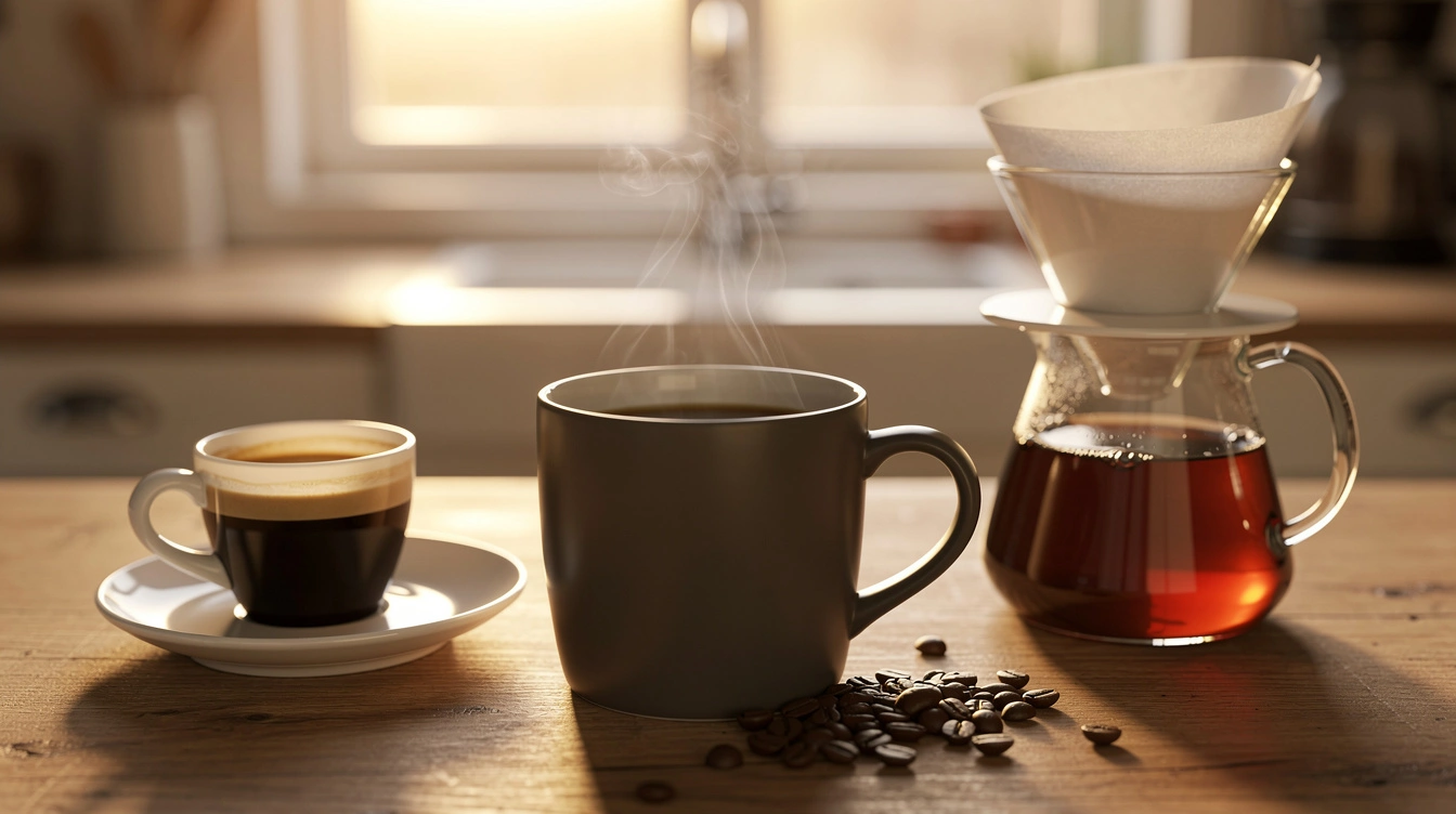 Morning coffee still life: a mug of black coffee on a wooden table with a pour-over dripper and espresso cup in sunrise light.