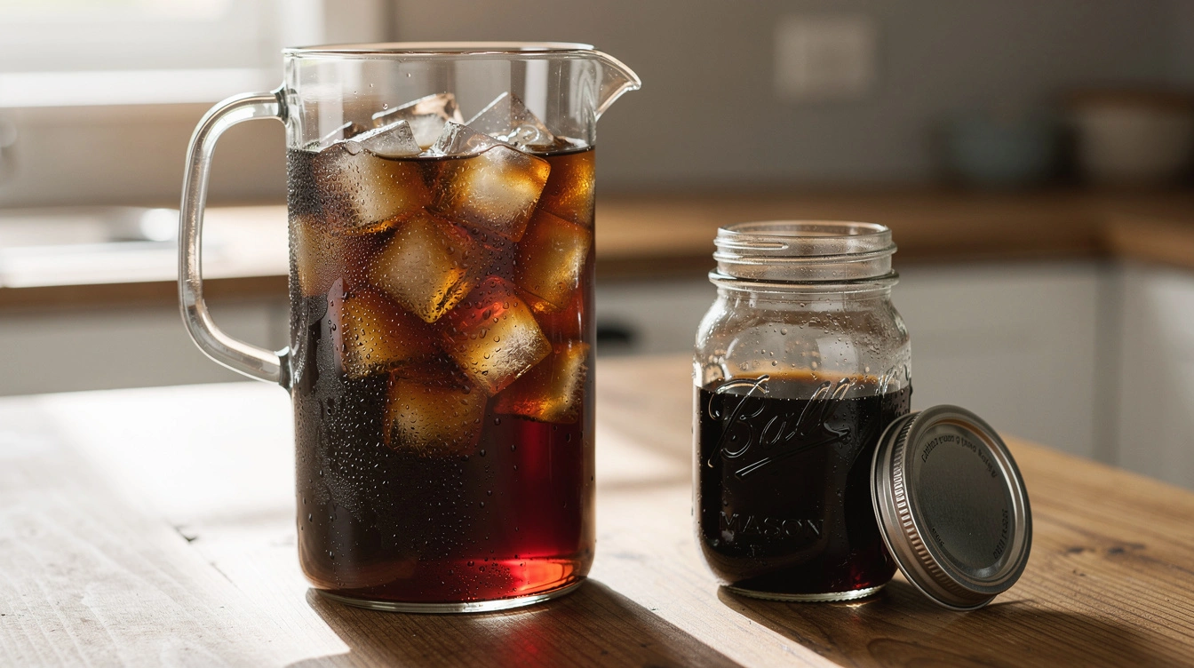 A glass pitcher of iced cold brew coffee on a wooden counter.