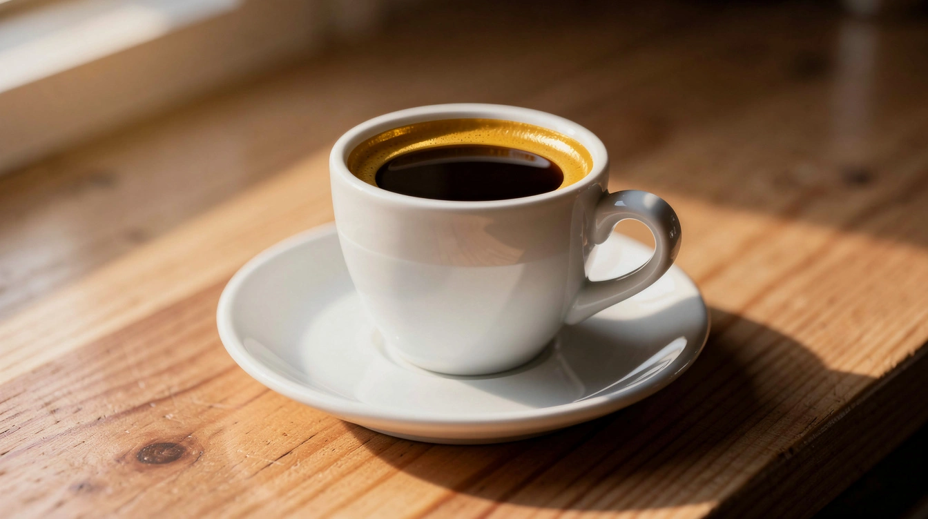 A small porcelain demitasse of espresso with thick crema on a wooden counter.