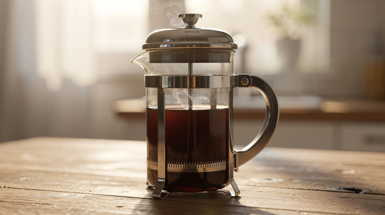A glass French press filled with dark coffee on a wooden kitchen counter.