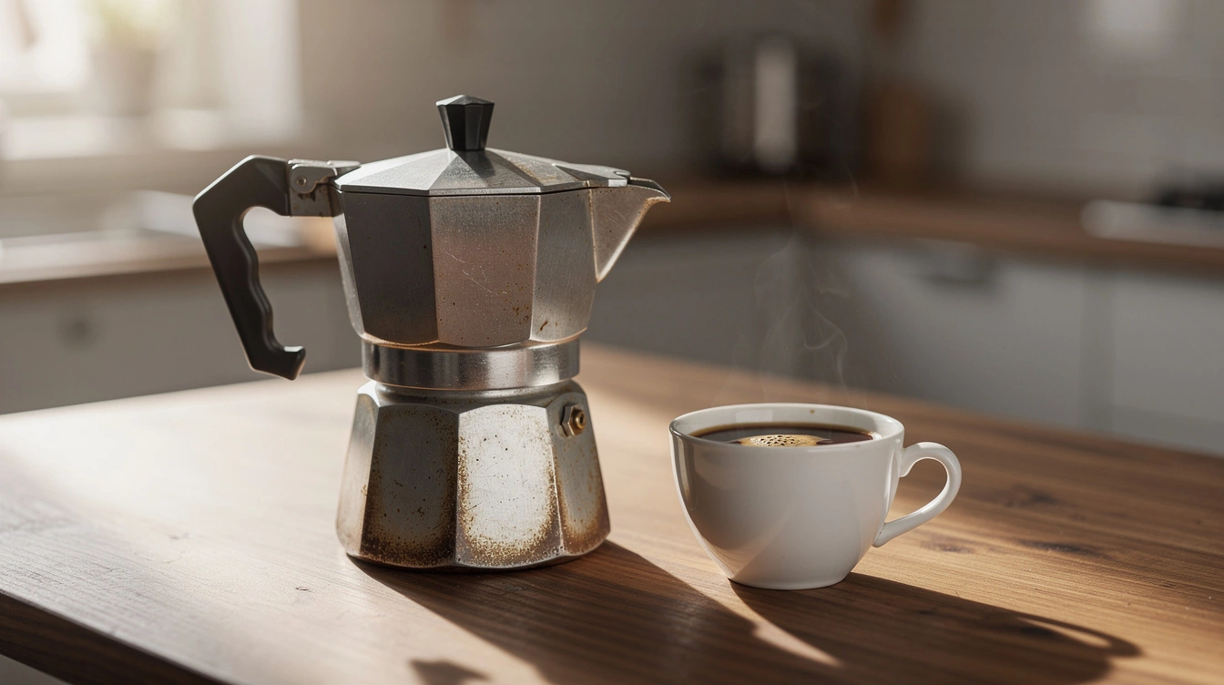 An aluminum moka pot beside a small cup of dark coffee on a wooden counter.