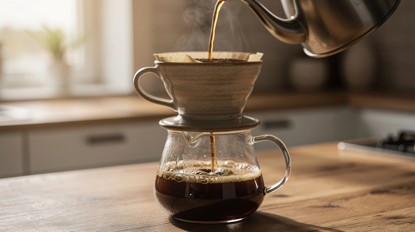 A pour-over dripper blooming ground coffee into a glass carafe on a wooden counter.
