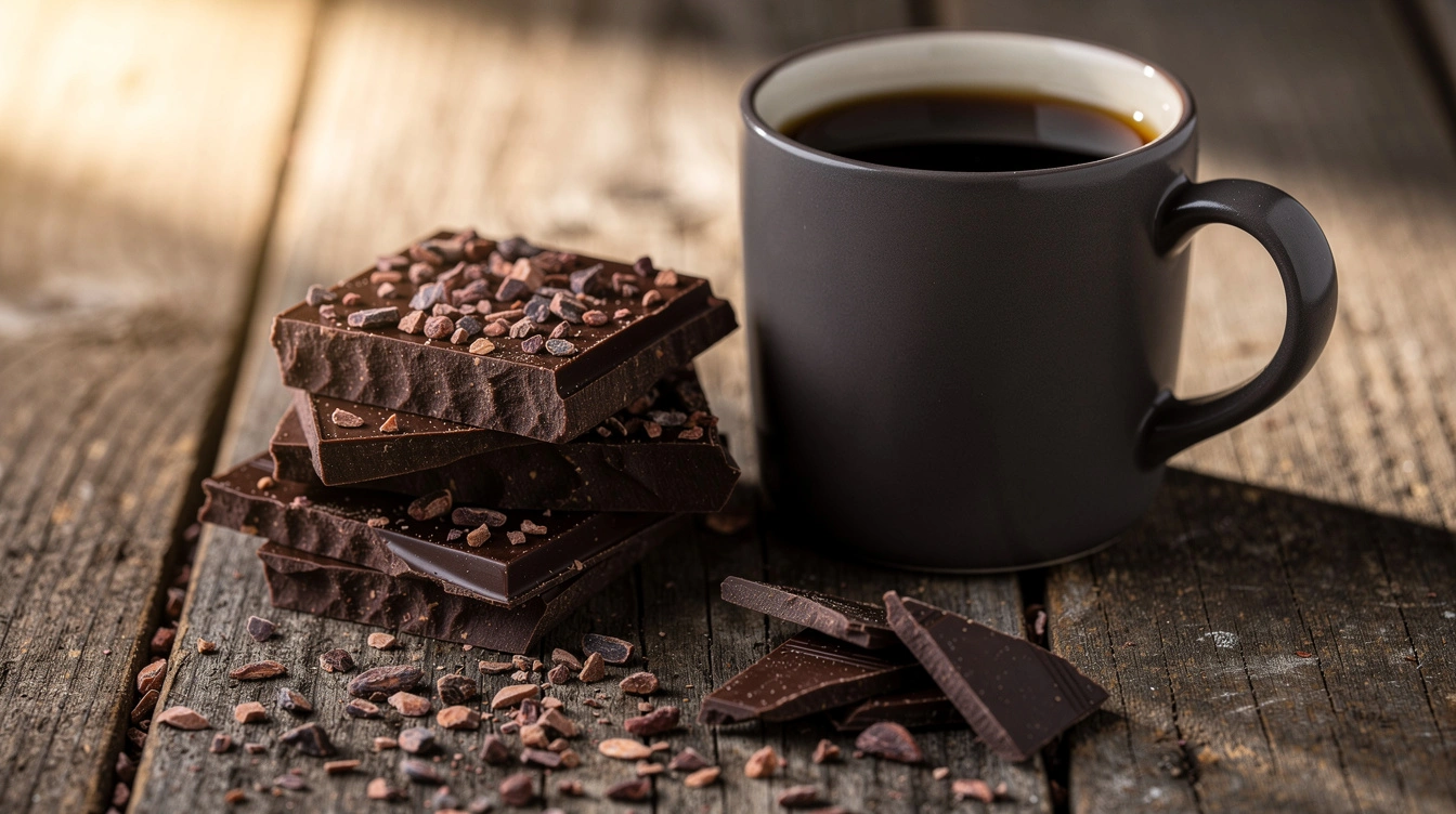 Dark chocolate squares beside a mug of coffee on a rustic wooden table.