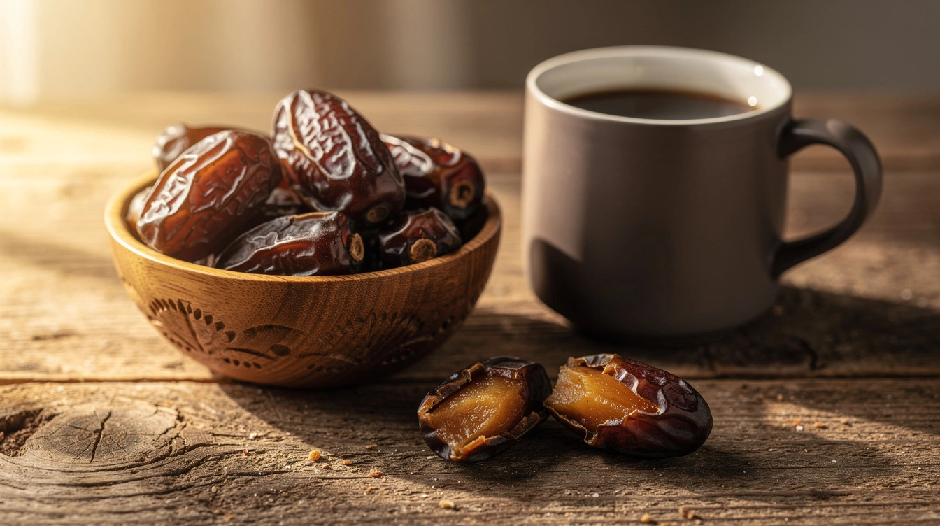 A wooden bowl of Medjool dates beside a mug of coffee on a rustic table.