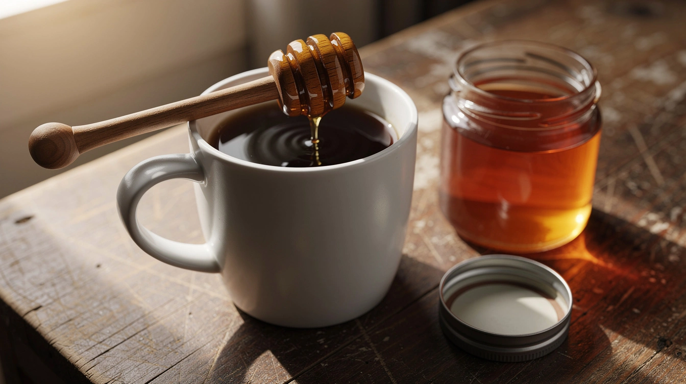 A honey dipper resting on a coffee mug, dripping honey, with a jar of honey nearby and no people in the frame.
