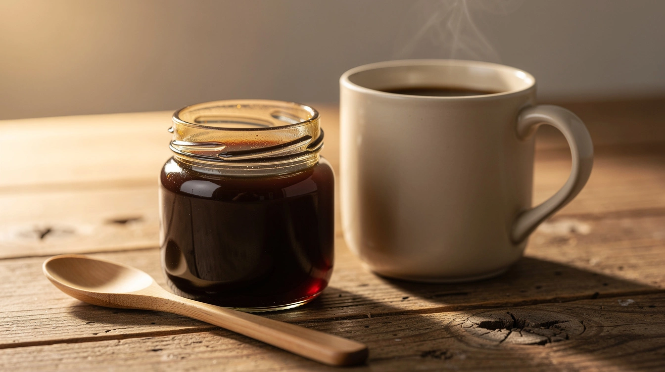 A jar of molasses with a wooden spoon beside a mug of coffee on a rustic table.