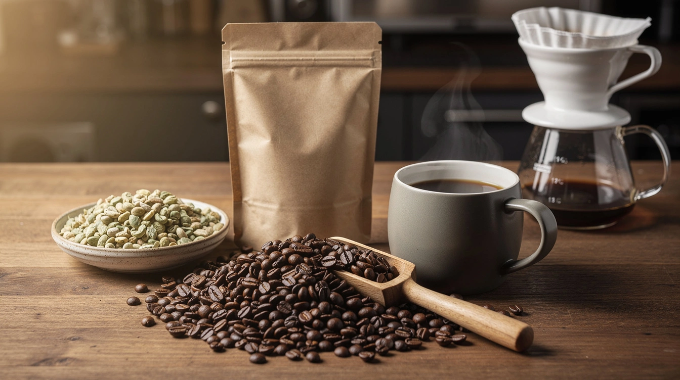 Open bag of roasted whole coffee beans beside a mug of black coffee on a wooden table, suggesting a specialty origin roaster.