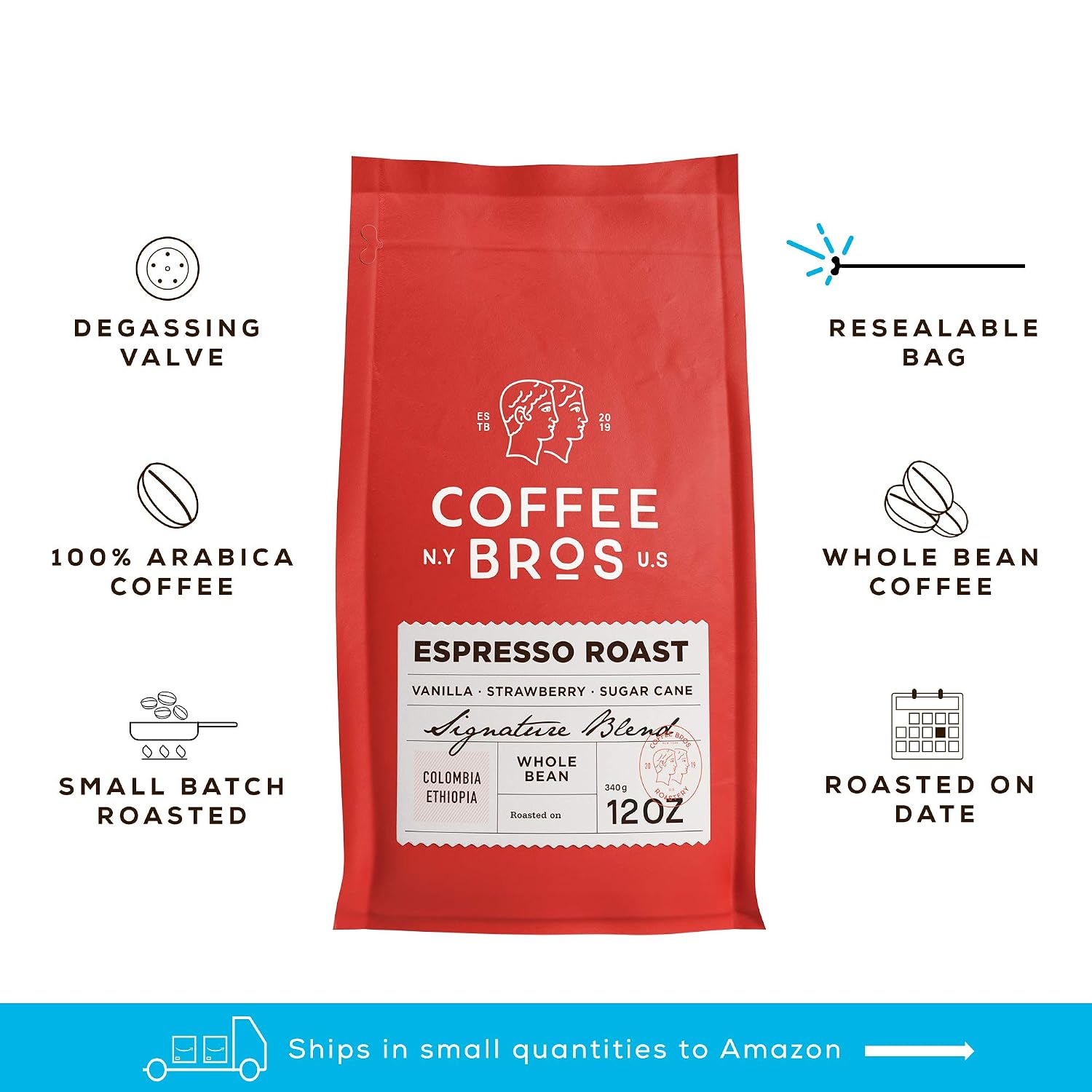 An espresso cup with crema and a mug of black coffee beside a burr grinder of whole beans, strawberries, a vanilla pod, and milk chocolate, illustrating the best overall coffee beans for most people.