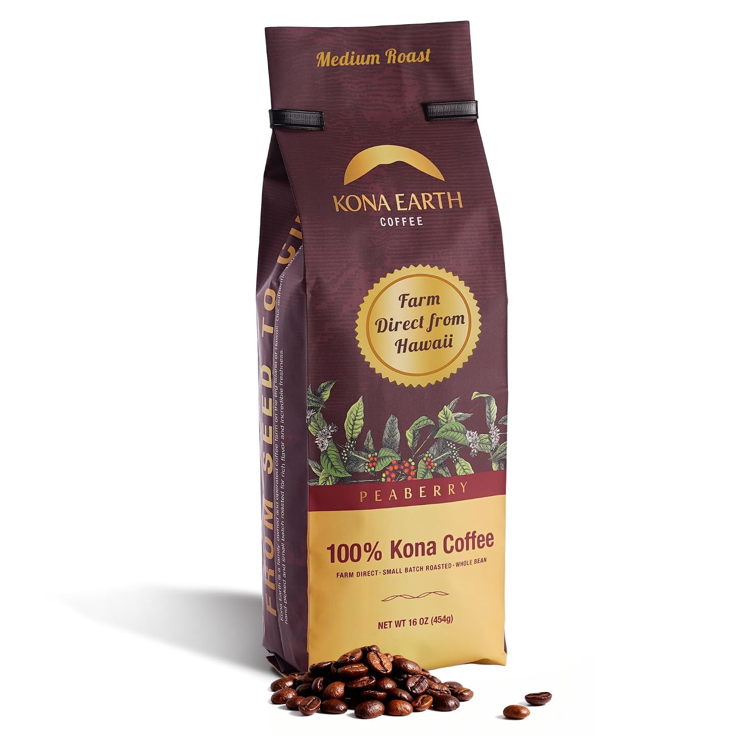 Kraft coffee bag, peaberry beans and a mug of black coffee on a fence rail at a sunny Hawaiian coffee farm.