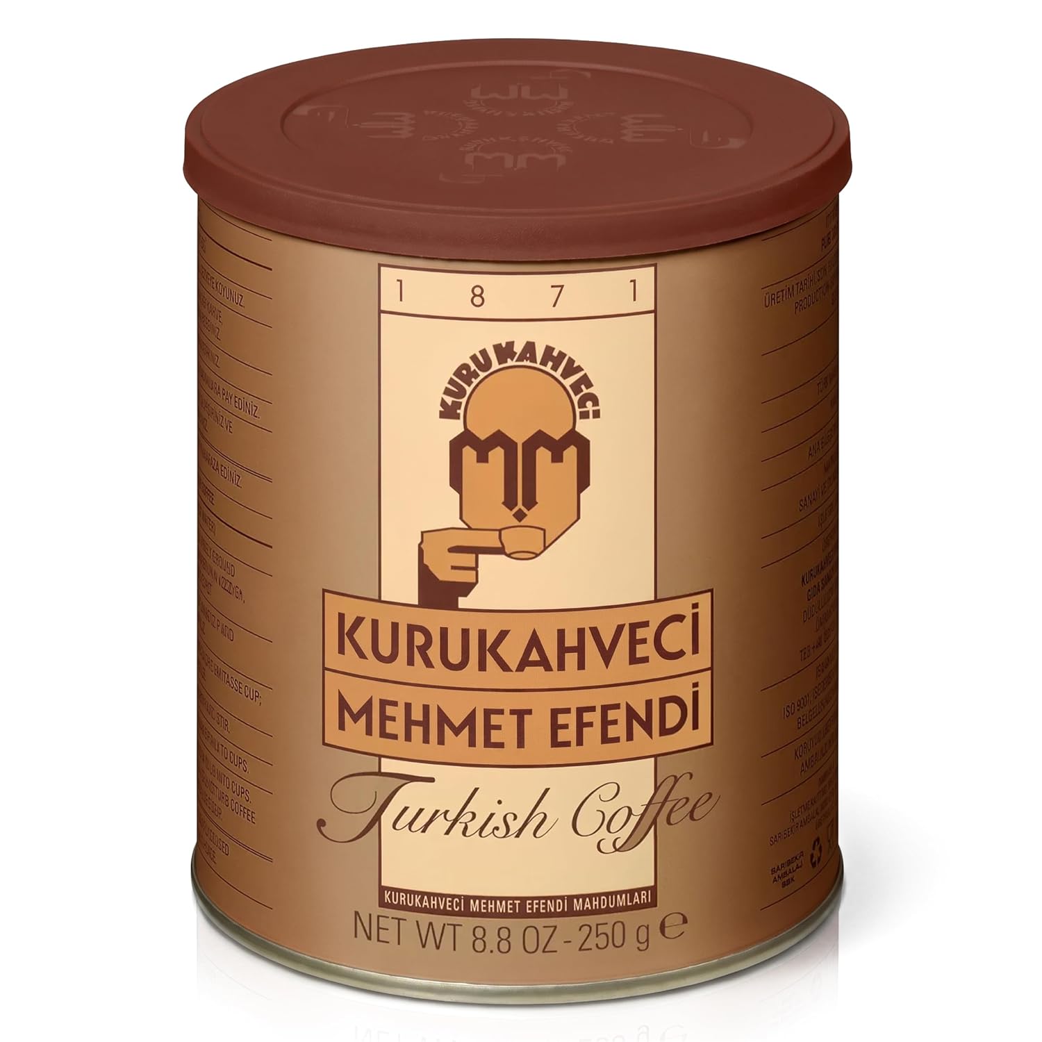 A copper cezve beside two cups of foamy Turkish coffee, a glass of water, and Turkish delight on a brass tray in a lamplit coffeehouse.