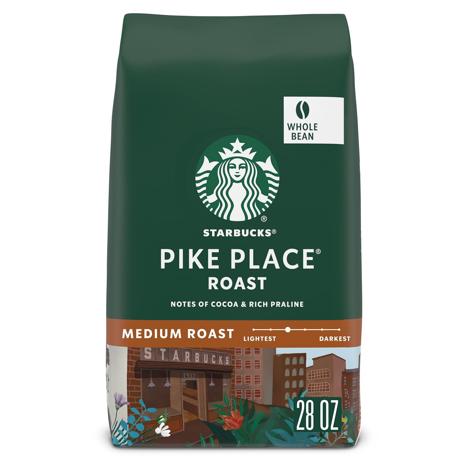 A large bag of medium-roast whole coffee beans with an airtight canister, scoop, and mug of black coffee beside cocoa powder and pecans on a kitchen counter, illustrating budget coffee beans.