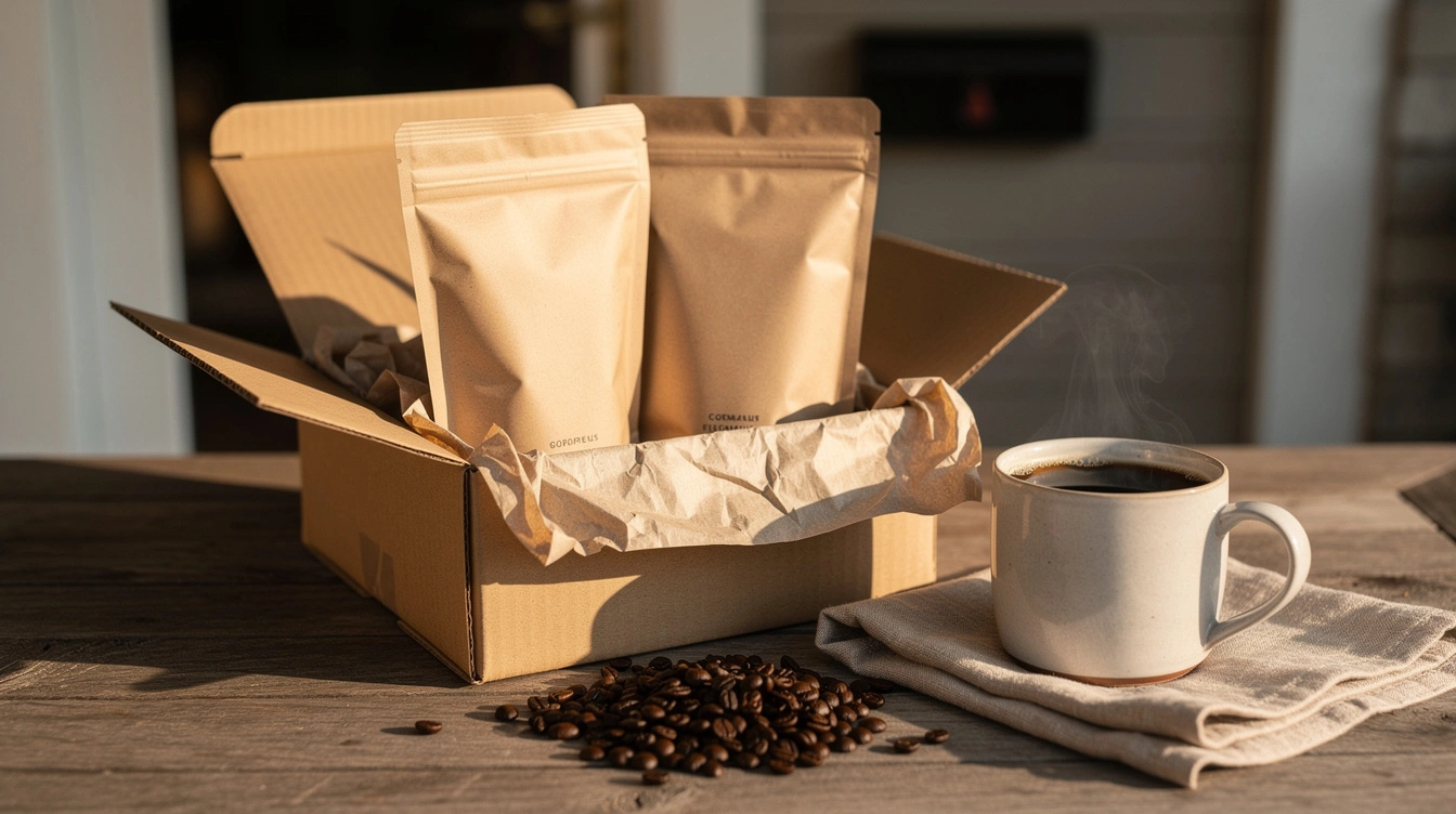 Coffee subscription box with unlabeled bags, roasted beans, and a mug of coffee on a wooden table.