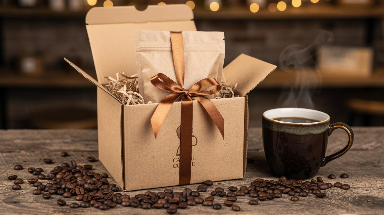 Coffee gift box with an unlabeled bag, beans, and a mug of coffee on a wooden table.