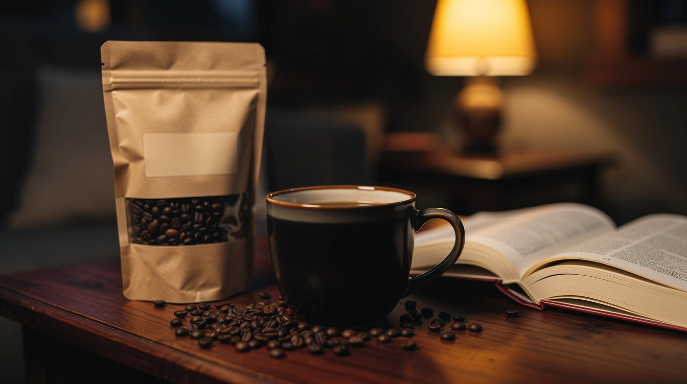 Evening mug of decaf coffee with a bag of beans, a book, and a lamp.