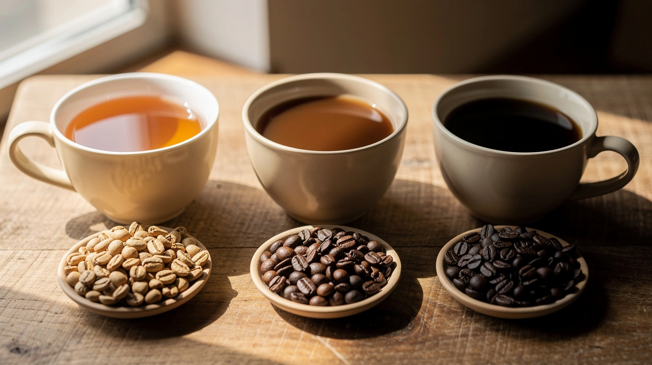 Three cups of coffee from light to dark roast with matching whole beans on a wooden table.
