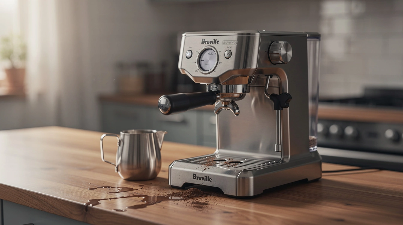 Breville Bambino Plus espresso machine on a wooden kitchen counter with a milk pitcher, no text.