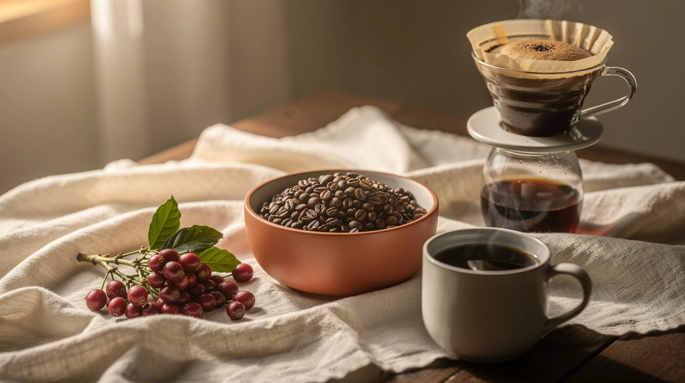 Single-origin coffee beans, cherries, and a pour-over on a linen table.