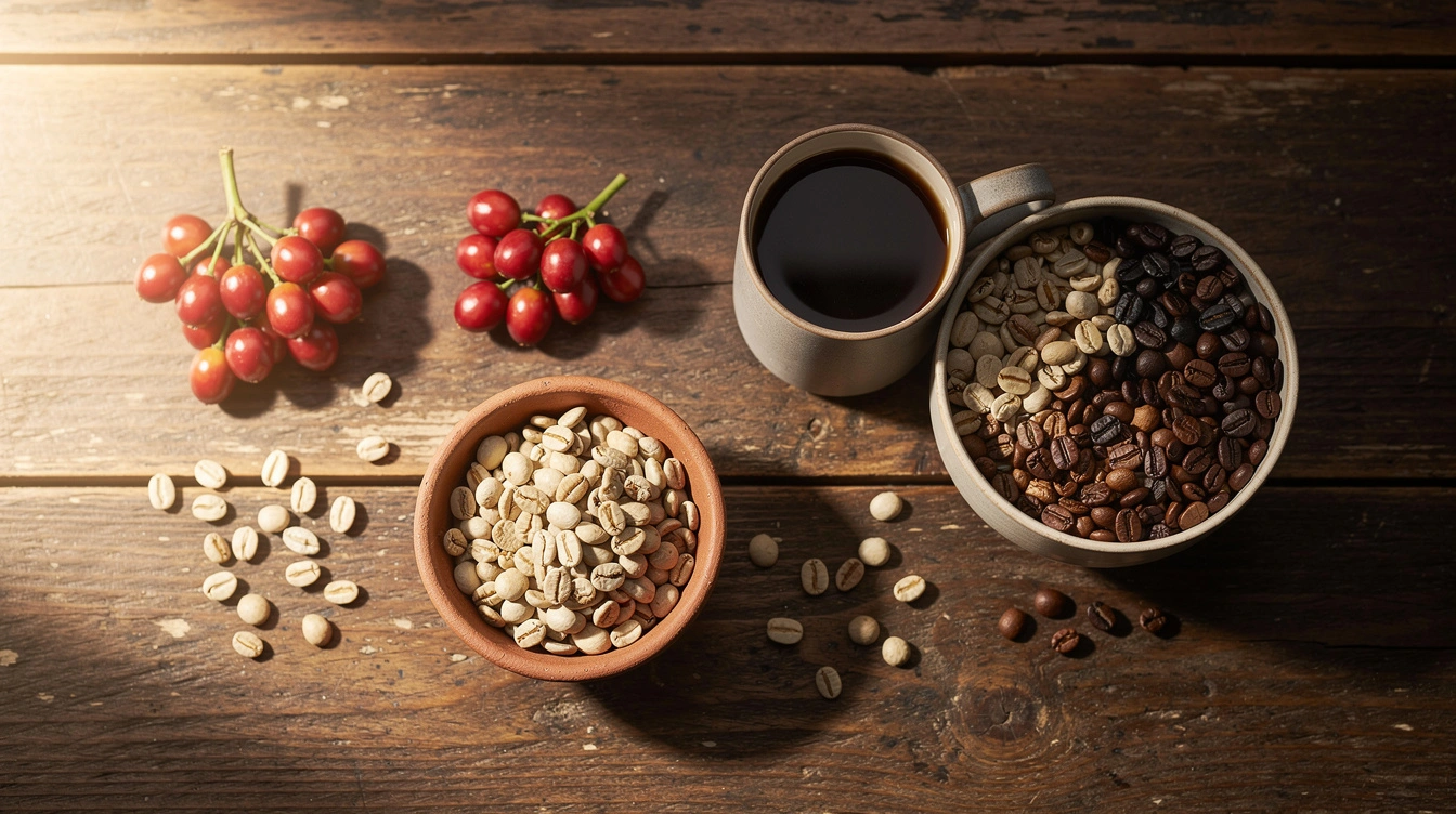 Single-origin coffee cherries and uniform beans beside a mixed blend of roasted beans and a mug of coffee.